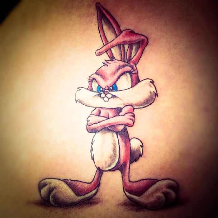 Angry Pink Cartoon Bunny Tattoo by Heart for Art Manchester.