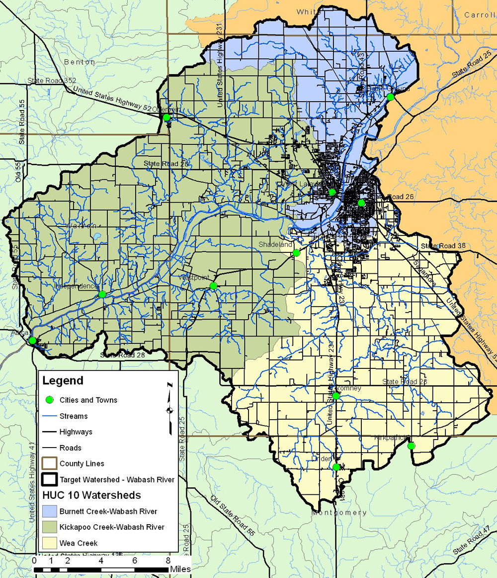 wabash watershed Location the wabash river watershed is located in indiana, draining approximately 1438 square miles in multiple counties major streams included in the total maximum daily load (tmdl) report are the wabash river. wabash watershed Location the wabash river watershed is located in indiana, draining approximately 1438 square miles in multiple counties major streams included in the total maximum daily load (tmdl) report are the wabash river.